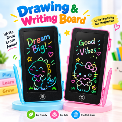 Apple Toys LCD Drawing & Writing Board – Portable Electronic E-Writer Pad with Case, One-Touch Erase Button & Cute Cartoon Graphics, Safe Screen-Free Educational Toy for Kids